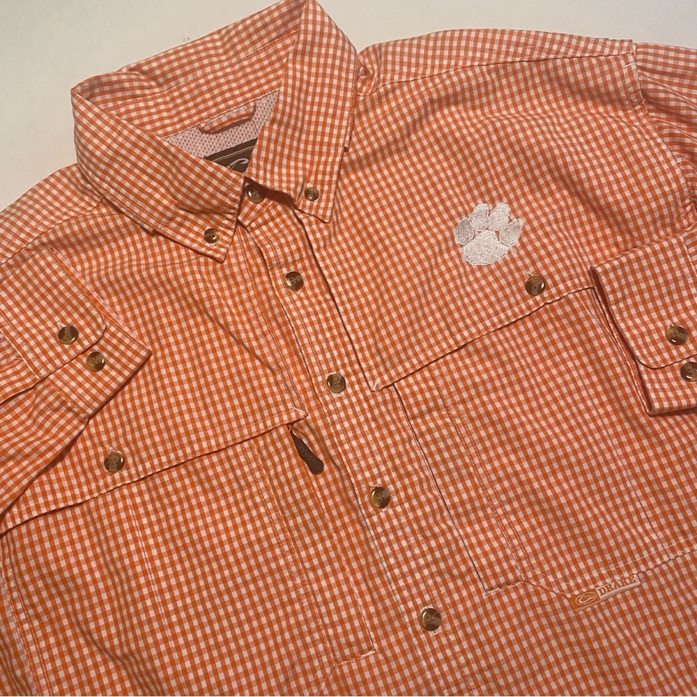 Clemson Tigers Drake Waterfowl Systems Shirt Men L Plaid Fish Vented Button Up